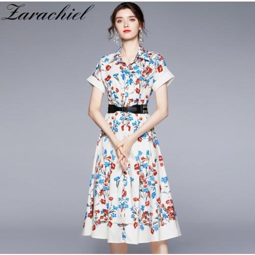 Menahem Fashion Designer Flower Dress Womens Shirt Collar Raglan Sleeve Button Up Floral Printed Belted Sashes Midi Vestidos