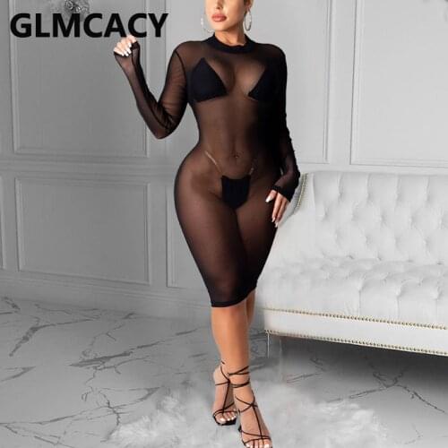 Women Long Sleeve Mesh Sheer Sexy Bodycon Dress