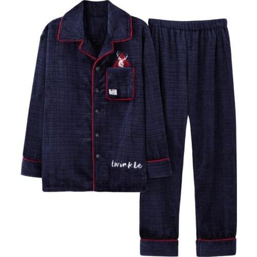 Winter Flannel Men Pajamas Set Long Sleeve Turn-down Collar Pyjamas Homme Casual Soft Plus Size M-4XL Male Sleepwear Nightwear