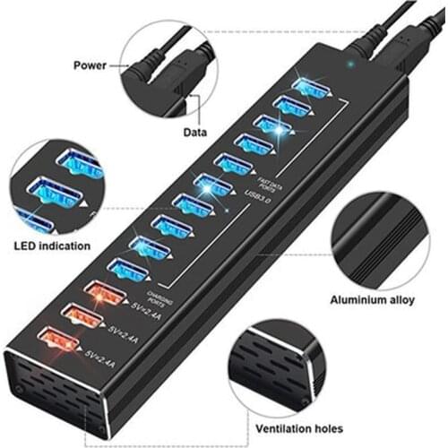 13 PORT USB Hub Multi Port 10 USB 3.0 Charging Ports + Power Adapter USB Cable Smart Charging Ports