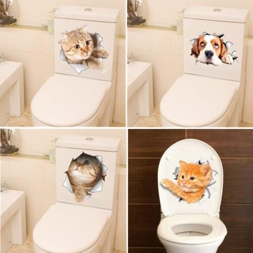 3D Hole Cat Dog Animal Toilet Stickers Home Decoration DIY Wc Washroom Pvc Posters Kitten Puppy Cartoon Wall Art Decals