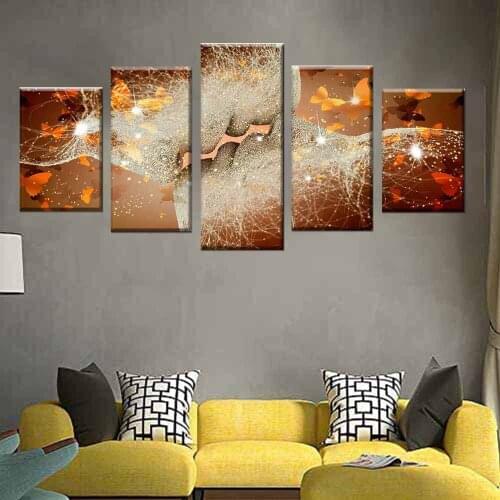 Abstract Canvas Wall Art Framed Painting Lover Kiss 5 Pieces for Bedroom Decor Modern Portrait with Butterfly Gold Art Prints Gi