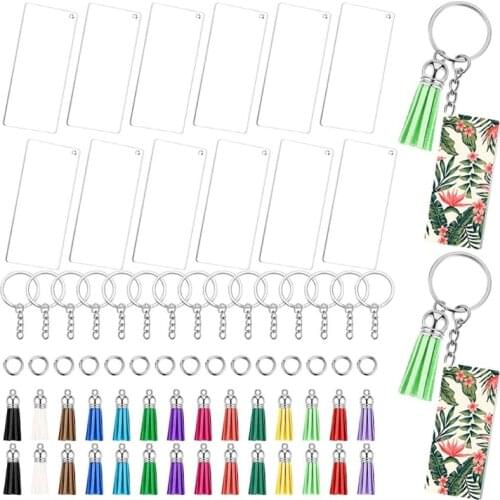 Acrylic Keychain Blanks with Key Rings Rectangle Clear Discs Tassel Pendants