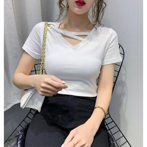 GGRIGHT V-Neck Basic T Shirt Women Short Sleeve T-Shirt Feminine Summer Tops 2020 Korean Clothes Cotton Casual Vetement Femme