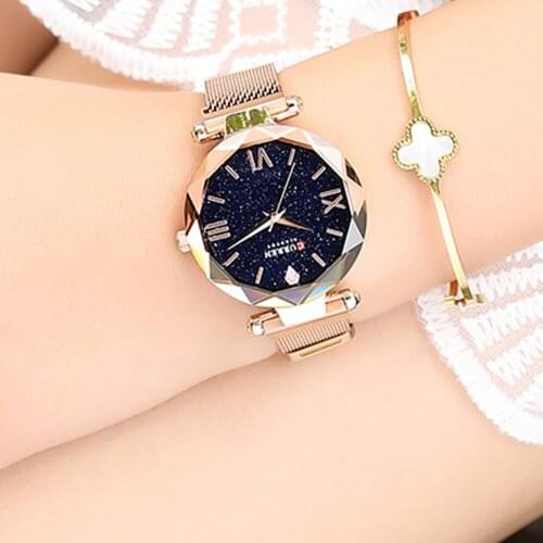 NEW CURREN Luxury Women Watches Mesh Ladies Clock Magnet Buckle Starry Diamond Geometric Surface Casual Dress Quartz Wristwatch