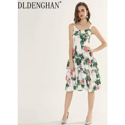 DLDENGHAN Custom 2XL-5XL Fashion rose Flower Print Dress Womens Elegant Cascading Ruffle Spaghetti Strap Dresses Designer New