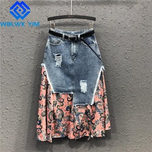 High waist Denim Skirt Women Pocket Fashion Chiffon Spliced Middle Long Skirt Female Casual Loose Plus Size A-Line Jeans Skirts