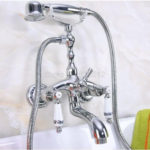Polished Chrome Clawfoot Bathtub Faucet Set with Handheld Shower Dual Handles Mixer Taps Wall Mounted tna216