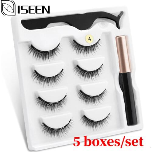 ISEEN 5boxes/set Wholesale Magnetic Eyelashes 3D Mink Eyelashes Magnetic Eyeliner Waterproof Short Handmade Eyelash Makeup Tool