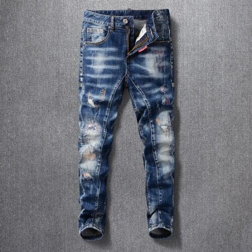 Italian Style Fashion Men Jeans Retro Blue Vintage Spliced Designer Slim Fit Ripped Jeans Men Elastic Cotton Hip Hop Biker Pants