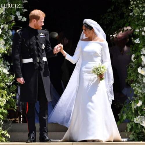 JIERUIZE White Satin Simple Wedding Dresses 3/4 Long Sleeves Off the Shoulder Wedding Gowns Bride Dresses vestidos de novia