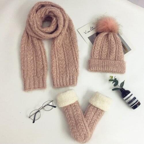 3pcs Set Womens Winter Knitted Yarn And Gloves Scarf Hat One-piece Korean-style Thick Warm Suit
