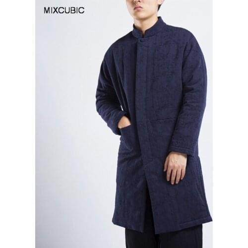 MIXCUBIC 2020 winter warm long section linen Padded coat for me casual slim Stand collar Jacquard linen overcoat men,size M-4XL