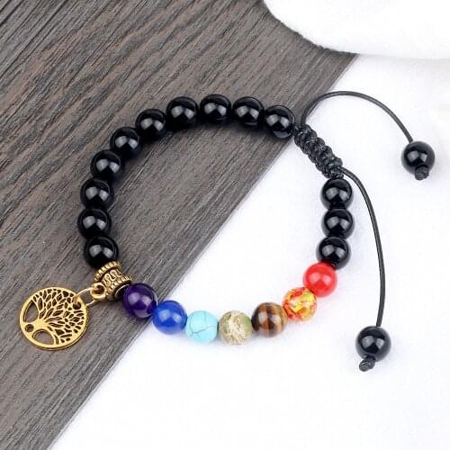 New Arrival 7 Chakra Life Tree Pendant Bracelet 8MM Black Matte Polish Lava Natural Stone Bangle Jewelry Gift for Friend Pulsera