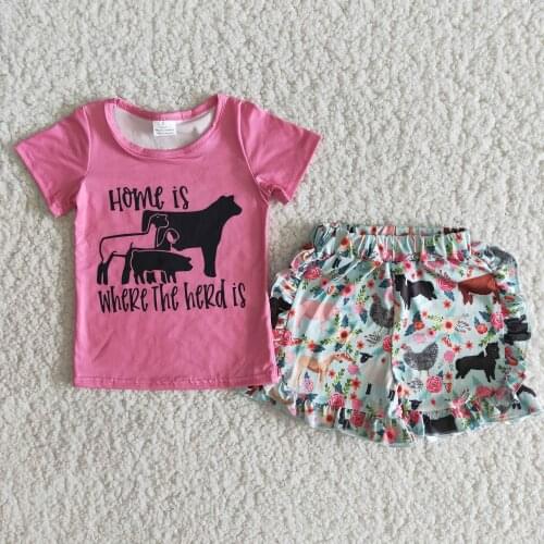 Girl outfits farm alpaca chickens print lace girl pants baby girl clothes rose red t-shirt home design wholesale RTS