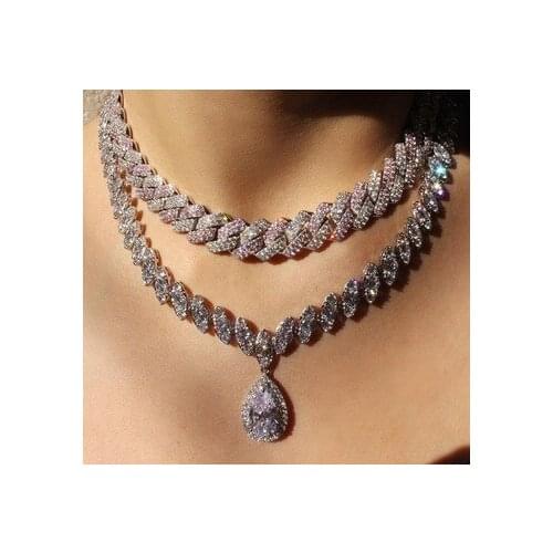 Hip hop new fashion choker necklace with white pink cz paved 15mm wide cuban chain women men charming rock jewelry wholesale