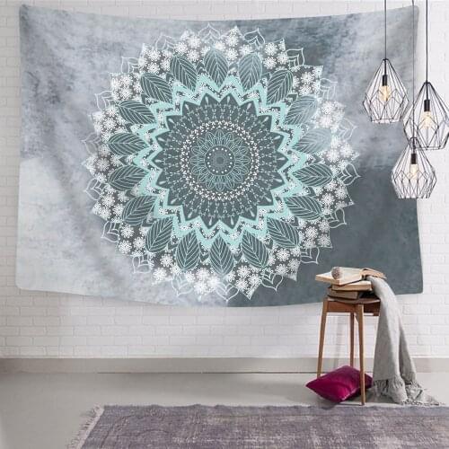 Silver and Green Mandala White Flower Tapestry for Livingroom Photography Wall Decor