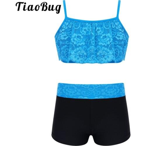 TiaoBug Kids Girls Tankini Performance Workout Dancewear Spaghetti Straps Floral Lace Crop Top with Ballet Gymnastics Shorts Set