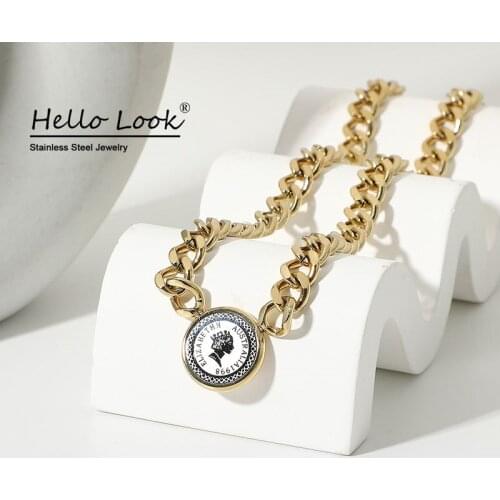 HelloLook Vintage Queen Elizabeth Coin Pendant Necklace Stainless Steel Cuban Chain Collar Choker Necklace