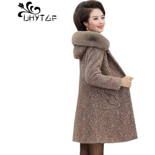 UHYTGF Quality Mink Cashmere winter wool coat womens fashion fur collar hooded thick casual warm woolen jacket 5XL plus size 525