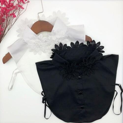 Women Girls Handmade Embroidery Flower Applique Lapel False Fake Collar Classic Solid Color Detachable Chiffon Half-Shirt Blouse