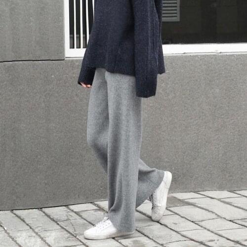 Women Autumn Winter Knitted Wide Leg Pants Female New Thick Warm Fashion Cashmere Trousers Ladies Elastic High Waist Pants C57