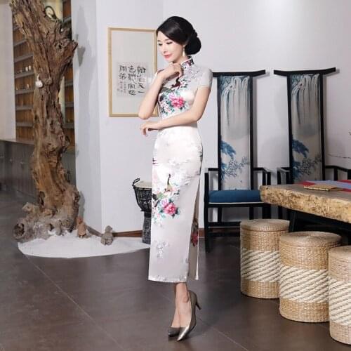 Sexy Slim Vestidos Improved Qipao Women Summer Print Elegant Chinese Dress Long Satin Mandarin Collar Cheongsam Plus Size Gown
