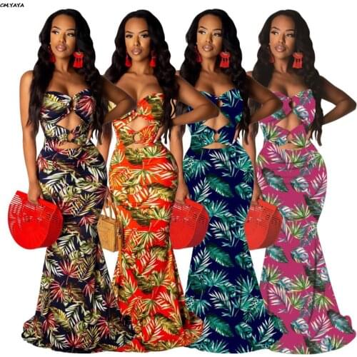 2019 women new summer strapless cut out leaf print mermaid maxi dress sexy club party night floor length long dresses GLSMR9322