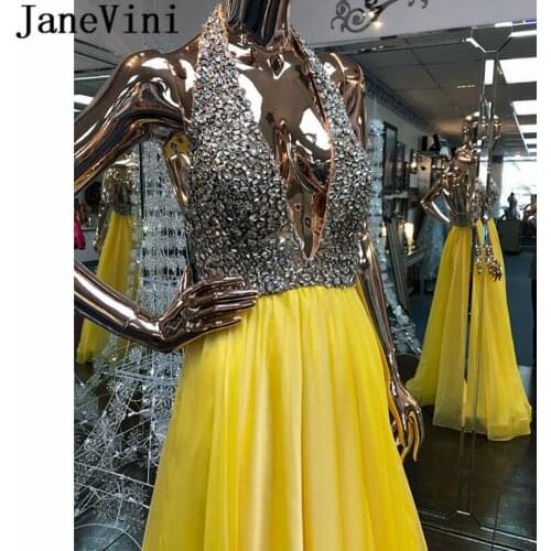 JaneVini Sexy Yellow Prom Dresses 2019 Sparkly Crystals Beading Deep V Neck Long Evening Gown Backless Organza Event Party Dress