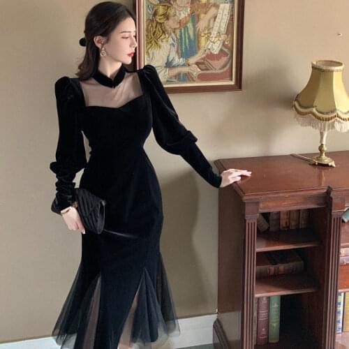 Goth Dark Vintage Velvet Patchwork Dresses Black Punk Lace Up Hollow Out Front Dress Women High Waist Clubwear Patchwork Dresses