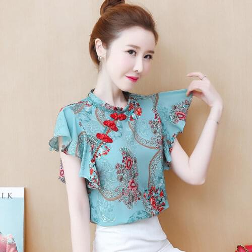 2021 Summer Retro Chinese Style Chiffon Blouses Top Cheongsam Buckle Ruffled Floral Shirts Blusas Mujer De Moda