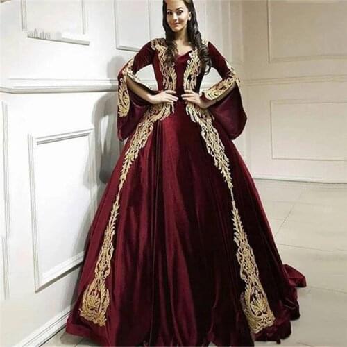 Burgundy Moroccan Kaftan Caftan Muslim Evening Dresses Ball Gown Long Sleeves Appliques Dubai Arabic Turkey Abaya Islamic Gown