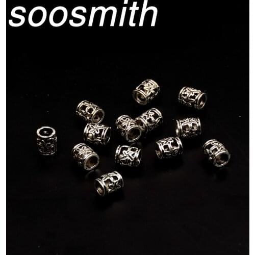 Soosmith 6x8mm 30Pcs Antique Silver Flower Cylinder Metal Beads Scarf Bead Loose Beads For Jewelry Making Findings Diy Accessory