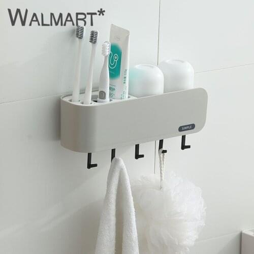 Toothbrush Storage Holder Comes with Two Cups Wall-Mounted Organizer Racks with Hook Storage Box Shelf Home Bathroom Accessories