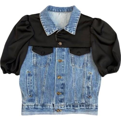 Patchwork Color Matching Puff Sleeve Denim Irregular Short Jean Woman Jackets for Women 2021 New Fashion Coats Womens Clothing