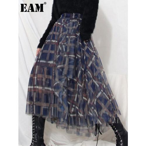 [EAM] Casual Plaid Irregular Mash Pleated High Waist Button Half-body Skirt Women Fashion Tide New Spring Autumn 2021 1DE2582
