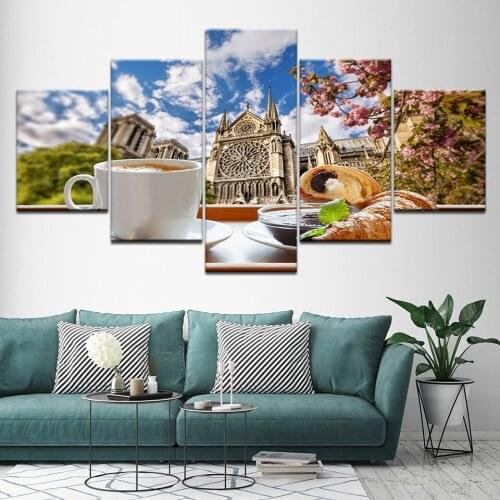 Canvas Painting Tea time coffee bread in Pair city 5 Pieces Wall Art Modular Wallpapers Poster Print for living room Home Decor