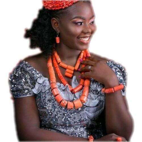 African Wedding Coral Necklace Set 3 Layers Bridal Jewelry Set Luxury Necklace Set for Wedding Turkish Nigerian Jewellery Set