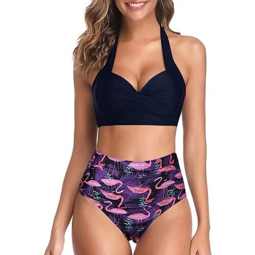 SFIT 2021 Retro Swimwear Two-piece Swimsuit Retro Open Back Ruffled High Waist Printed Push-up Bikini Set Womens Sexy Bikini