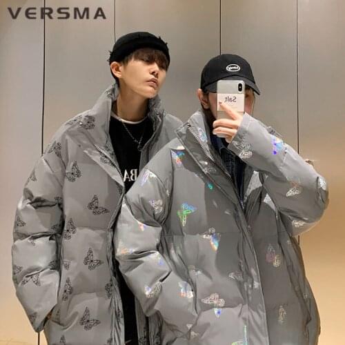 VERSMA Korean Trendy Vintage Reflective Butterfly Print Jacket Coat Men Parka Winter Thick Cotton Padded Men Parkas Dropshipping
