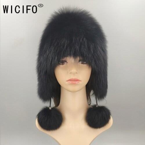 2019 Hot Sale 100% Natural Silver Fox Fur Women Winter Hat Knitted Cap Women Hat Fox Fur Bomber Hat Female Ear Warm Winter Must
