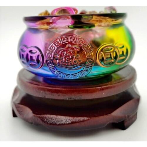 Multicolor Crystal Glaze Chinese Fengshui Wealth Yuanbao Dragon Treasure Bowl Statue