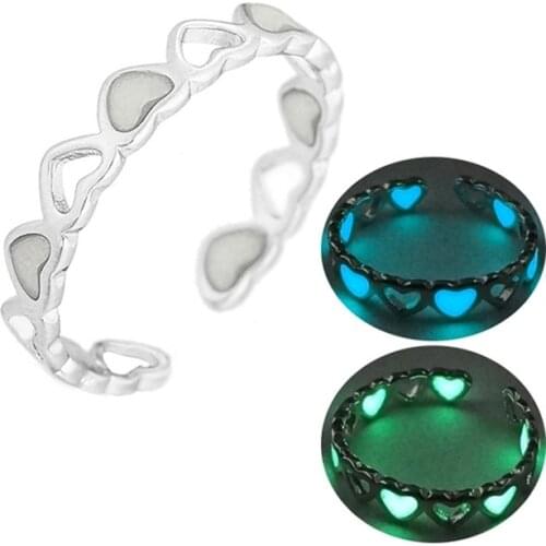 Fashion open Luminous love hollow heart Ring jewelry Adjustable Silver Color Heart charm finger ring Glow in the Dark for women