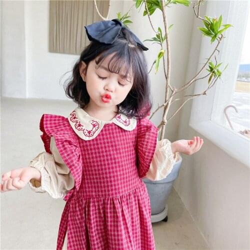 2021 New Arrival Spring Autumn Toddler Girls Clothing Set Embroidery Peter Pan Collar Shirt Dress+Plaid Vest Dress Outfit 1-7Yrs