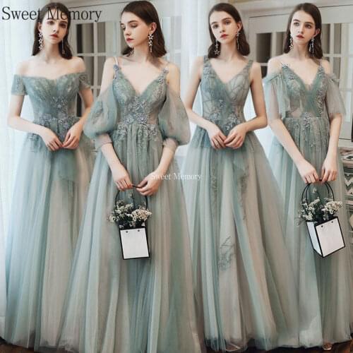 Sweet Memory 2021 Floor Length Bridesmaid Dresses Long Tulle Dress Appliques Lace Up Formal Gown Sexy Women Prom Party Vestidos
