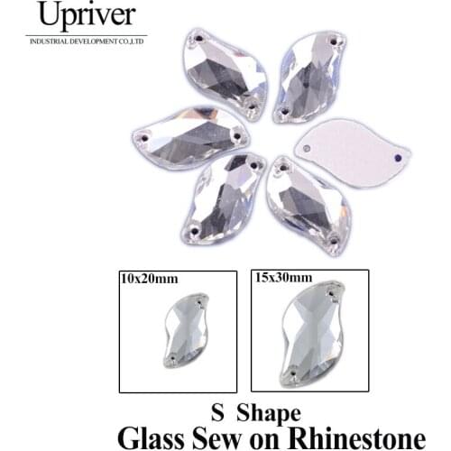 Upriver All Sizes S shape Clear Glass Sewing Crystals Flatback 2 Holes Sew On Rhinestones For Women Garments Accessories