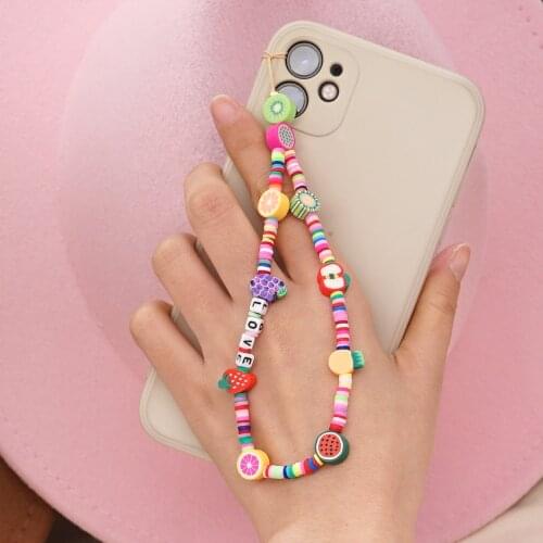 Hand-woven Korea Prevent Lost Mobile Phone Chain Simple Fruit Rainbow Soft Pottery Mobile Phone Lanyard Women Jewelry