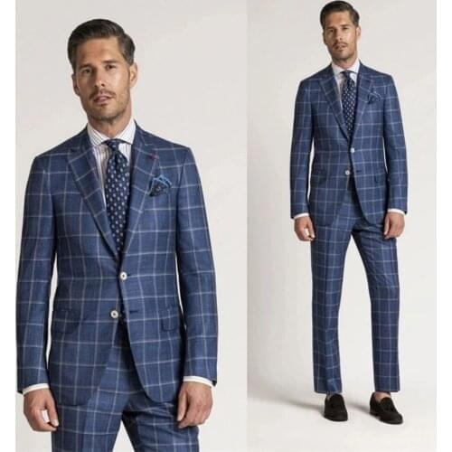 Tuxedos Dark Blue British Gentleman Men Suits 2 Pieces (Coat+Pants) Peaked Lapel Plaid Check Leisure Business Two Button Blazers