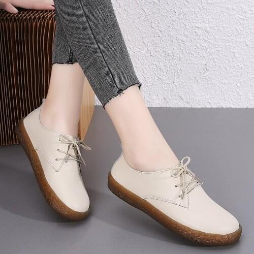 Spring Autumn Womens Casual Shoes Genuine Leather Woman Flat Loafers Lace Up Female Sneakers Shallow Soft Ladies Walking Shoe