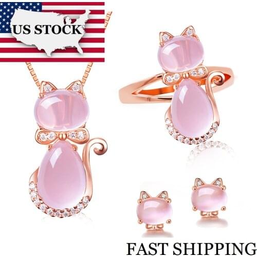 USA STOCK Uloveido Cute Cat Bridal Jewelry Sets Animal Pink Opal Ring Stud Earrings and Necklace Rose Gold Color Jewellery Y427